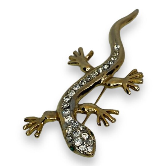 Vintage Rhinestone Gold Tone Gecko Brooch Pin w. Green Eyes - Picture 3 of 5